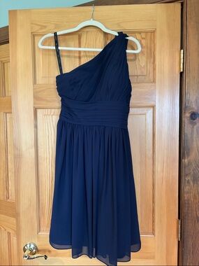 Bill Levkoff Navy One-Shoulder Chiffon Dress
